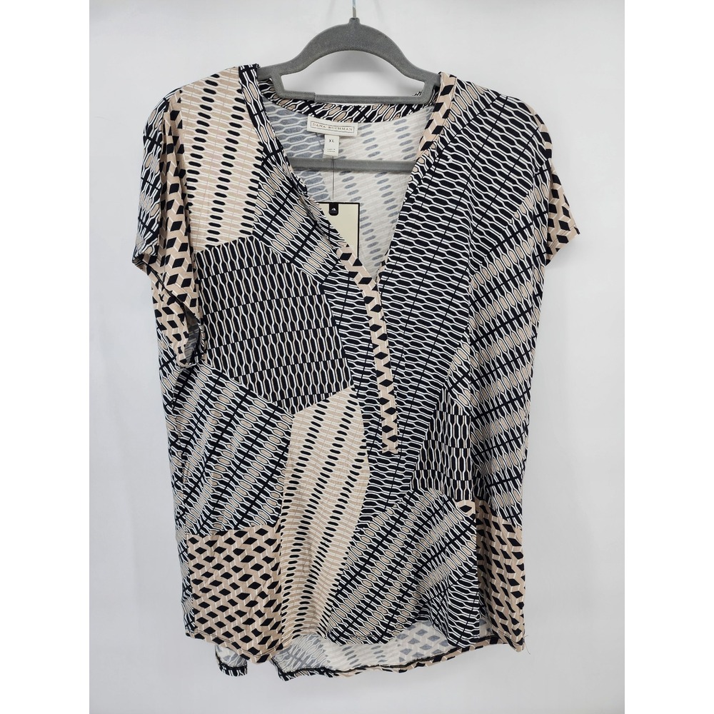 Dana Buchman Womens XL Geometric Abstract V-Neck Short Sleeve Top NWT Black Tan